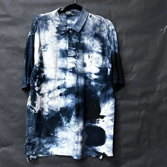 Polo Ralph Lauren Size Large Cotton Shirt Short Sleeve Tie Dye Blue Black Dyed